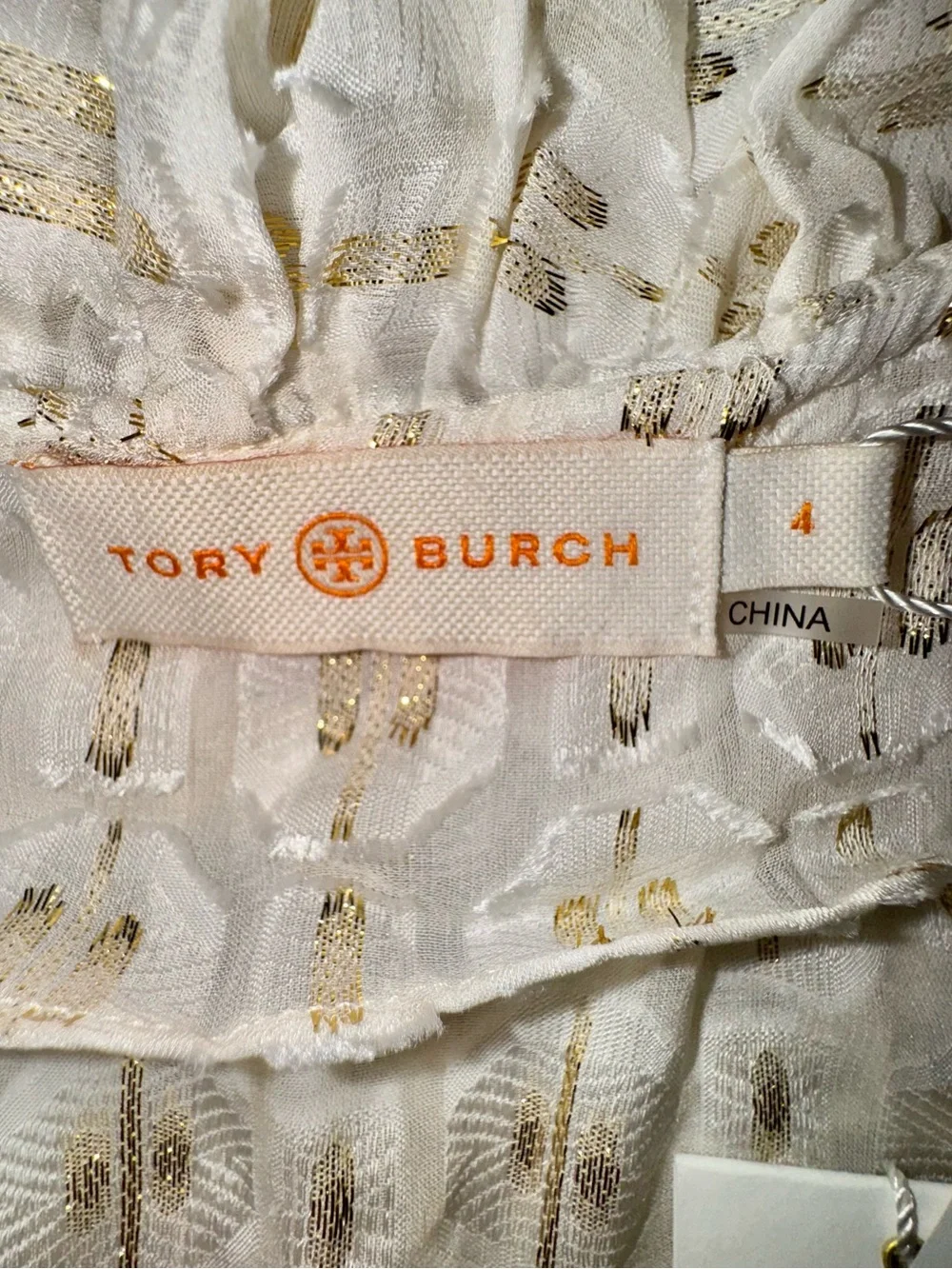 Tory Burch Jasmine Dress Ivory Gold Metallic Ruffle Silk Blend Sz 4 No slip NWT